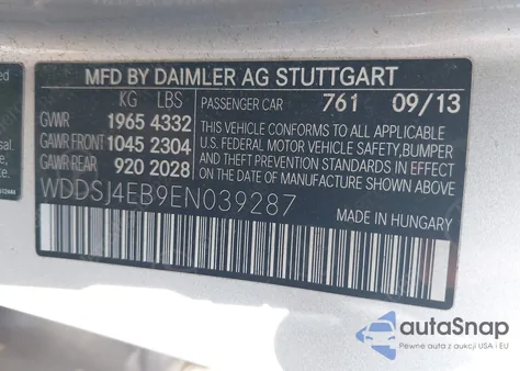 2014 Mercedes-Benz Cla 250 z USA, uszkodzony, nr VIN WDDSJ4EB9EN039287